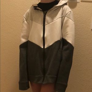 White, grey, and black oversized zip up sweater
